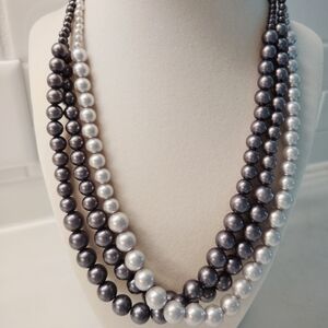 3-strand Grey and Silver Faux Pearl Necklace